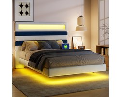 Elegant tweepersoonsbed (140x190 cm) met verstelbaar hoofdbord, USB-poorten en LED-verlichting. Bekleed met zachte velvet in beige en blauw.