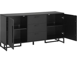 Elegant zwart dressoir met visgraatpatroon, voorzien van 2 deuren en 3 lades, geschikt voor eetkamer, keuken en woonkamer.