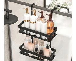 Elegant Zwart Smeedijzeren Douche Caddy – 2 Lagen – Hangend Douche Rek – Verstelbare Badkamer Organizer – Ruimtebesparend & Stevig – Moderne Bad Organisatie