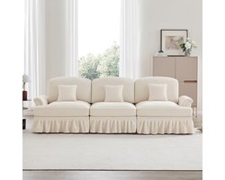 Elegante 3-zits bank in Mid-Century-stijl van chenille met trechtervormige armleuningen, afneembare ruches rok en spilpoten – Comfortabele bank voor de woonkamer, wit