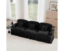 Elegante 3-zits bank in Mid-Century-stijl van chenille met trechtervormige armleuningen, afneembare ruches rok en spilpoten – Comfortabele bank voor de woonkamer,zwart