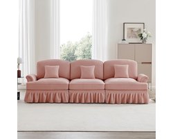 Elegante 3-zits bank in Mid-Century-stijl van chenille met trechtervormige armleuningen, afneembare ruches rok en spilpoten – Comfortabele bank voor de woonkamer,roze