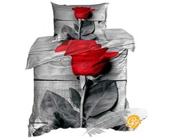 Elegante 3D Dekbedovertrekset - Katoen Satijn - Eenpersoons 140x200 cm - Inclusief 1 Kussensloop 70x80 cm - Design: "Róża" Rode Roos met Grijze Accent – Romantisch & Modern