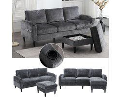 Elegante 4-zits bank met opberghocker - Chenille bekleding - voor 4 personen - diverse kleuren - handige drankhouders en zijvakken in de armleuningen - stevig frame met kunststof voetjes