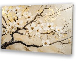 Elegante bloesemtakken met gouden accenten - Bloesem muurdecoratie - Muurkunst bloemen - Impressionisme - Binnenhuisdecoratie - Kunst - canvas 150x100 cm