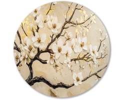 Elegante bloesemtakken met gouden accenten - Bloesem wandcirkels - Ronde wanddecoratie bloemen - Impressionisme - Forex kunstwerk cirkel - Slaapkamer styling - muurcirkel forex 60x60 cm