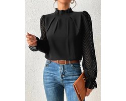Elegante blouse, damesblouse met coltrui, geplooide top, mesh mouwen, volant, lange mouwen, casual, losvallend, effen kleur, elegante blouses voor op kantoor