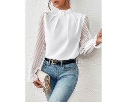 Elegante blouse, damesblouse met coltrui, geplooide top, mesh mouwen, volant, lange mouwen, casual, losvallend, effen kleur, elegante blouses voor op kantoor
