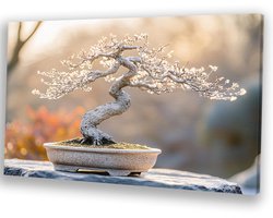 Elegante bonsai boom in pot - Bonsai schilderij - Muurdecoratie canvas plant - Japandi - Binnenhuisdecoratie - Woonkamer accessoires - canvas 70x50 cm