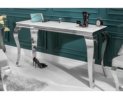 Elegante consoletafel MODERN BAROK 145 cm glasblad in marmerlook roestvrijstalen poten