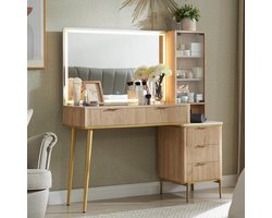 Elegante eiken kaptafel met LED-spiegel – 122 cm moderne kaptafel met 5 lades, glazen blad en verstelbare verlichting – Luxe make-uptafel voor slaapkamer en beautyhoek HomeByNicole