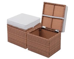 Elegante Grijze/Tawny 16,5 inch 2-delige Weerbestendige Rieten Ottomanen met Kussens voor Binnen en Buiten