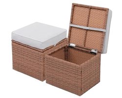Elegante Grijze/Tawny 16,5 inch 2-delige Weerbestendige Rieten Ottomanen met Kussens voor Binnen en Buiten