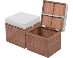 Elegante Grijze/Tawny 16,5 inch 2-delige Weerbestendige Rieten Ottomanen met Kussens voor Binnen en Buiten