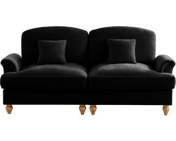 Elegante, grote 2-zits bank in middeleeuws-moderne stijl, met wijd uitlopende armleuningen, afneembare volant en houten poten – Comfortabel chenille stof, ideaal voor de woonkamer, Zwart