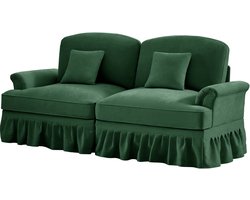 Elegante, grote 2-zits bank in middeleeuws-moderne stijl, met wijd uitlopende armleuningen, afneembare volant en houten poten – Comfortabel chenille stof, ideaal voor de woonkamer, groen