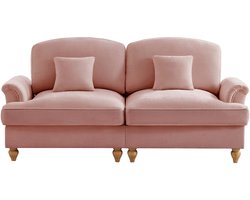 Elegante, grote 2-zits bank in middeleeuws-moderne stijl, met wijd uitlopende armleuningen, afneembare volant en houten poten – Comfortabel chenille stof, ideaal voor de woonkamer,roze