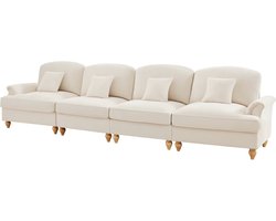 Elegante grote 4-zits bank in Mid-Century-stijl van chenille met trechtervormige armleuningen, afneembare ruches rok en spilpoten – Comfortabele woonkamerbank, wit