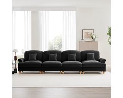 Elegante grote 4-zits bank in Mid-Century-stijl van chenille met trechtervormige armleuningen, afneembare ruches rok en spilpoten – Comfortabele woonkamerbank, zwart