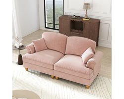 Elegante grote tweezitsbank - midcentury modern stijl - met omgekeerde armleuningen - afneembare rok en houten poten - roze