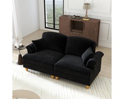 Elegante grote tweezitsbank - midcentury modern stijl - met omgekeerde armleuningen - afneembare rok en houten poten - zwart