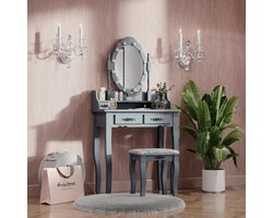 Elegante kaptafel met LED-spiegel en kruk – grijze kaptafel, barokstijl, 4 lades, gemakkelijk schoon te maken, modern design, 75 x 146,5 x 40 cm – Perfect voor make-up en schoonheidsroutine HomeByNicole