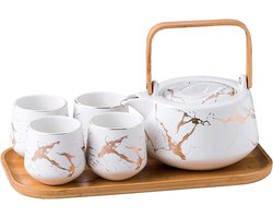 Elegante Keramische Theeset in Japanse Stijl met Houten Dienblad - Perfect voor Middagthee en Huisdecoratie