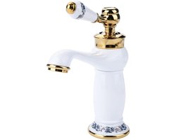 Elegante keramische wastafelkraan in antiek messing met blauw-witte porselein afwerking, lange nek, geschikt voor koud en warm water, ideaal voor badkamer en keuken