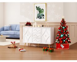 Elegante lage kast met ruitpatroon – Witte dressoir met 3 lades & 2 deuren, gouden poten, 120×40×80 cm, modern design voor woonkamer, gang of slaapkamer.