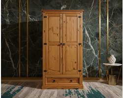 Elegante Massief Grenen Garderobekast 2-Deurs met Lade – Kledingkast en Halkast voor Slaapkamer en Hal – Opbergruimte voor Jassen, Mantels en Accessoires - House&Garden