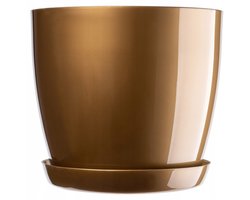 Elegante ronde bloempot met onderschotel voor binnen - lichtgewicht plantenpot voor bloemen en planten (Ø 16 cm, goud)