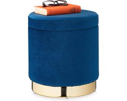 Elegante ronde fluwelen opbergpoef 41.5 x 37 cm - blauw/goud - moderne zitkruk met opbergruimte