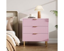 Elegante Roze Ladekast met 3 Lades - Modern Dressoir met Geribbeld Design - Gouden Handgrepen & Poten - 71 x 43 x 76 cm