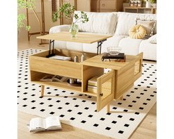 Elegante salontafel met opklapbaar tafelblad en rotan deuren, houtkleur met zwarte accenten, ideaal voor de woonkamer - Praktische opbergruimte en functioneel ontwerp