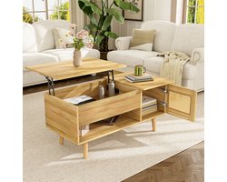 Elegante salontafel - Opklapbaar blad & rieten deuren - Houtkleur met zwarte accenten - Praktische opbergruimte