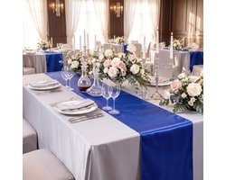Elegante satijnen tafel runners in blauw, 5-delige set voor lange en ronde tafels, perfect voor decoratie en bescherming van het tafelblad