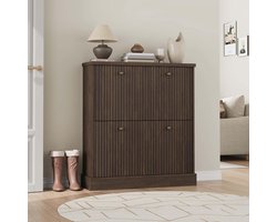 Elegante Schoenenkast met 2 Kantellades - Geribbeld Design - Walnoot / Notenhout - Ruimtebesparend Opbergmeubel voor Hal - 80x25x90 cm