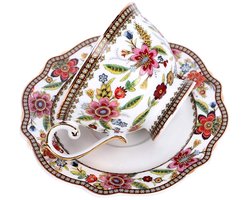 Elegante theekop set - Vintage porselein - 1 stuk - Rood bloemenpatroon