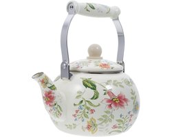 Elegante theepot van geëmailleerd keramiek met bloemenpatroon en zeef voor op het fornuis - 2 L theeketel van porselein