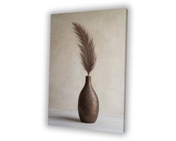 Elegante veer in vaas - Veer schilderij op canvas - Wanddecoratie canvas object - Minimalisme - Kunstobject - Woonkamer accessoires - canvas 40x60 cm