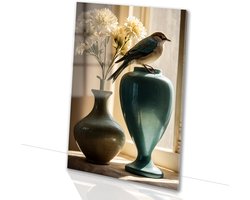 Elegante vogel op blauwe vaas - Stilleven glazen schilderijen - Wanddecoratie vogel - Realistische kunst - Plexiglas schilderijen - Slaapkamer decoratie - acrylglas 100x150 cm