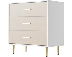 Elegante Witte Ladekast met 3 Lades - Nachtkastje met Linnen Textuur - Gouden Handgrepen & Poten - Modern Bijzetmeubel voor Slaapkamer & Woonkamer