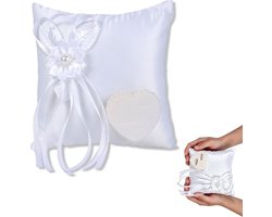 Elegante Witte Leren Ringkussen met Satijnen Strik voor Trouwringen en Verlovingsceremonie, Perfect als Ringhouder en Decoratie
