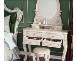 Eleganter Schminktisch mit Spiegel & Gepolstertem Hocker – Vintage-Frisiertisch mit 4 Schubladen, Europäischer Stil, Schlafzimmer Kosmetiktisch in Weiß und Gold, 100x47x162 cm HomeByNicole