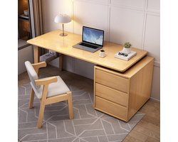 ElegantWood Massief Houten Bureau met 3 Lades – Modern Computerbureau en Werktafel met Opbergruimte – Omkeerbaar Thuisbureau 140x60x75 cm – Naturel Design voor Woonkamer, Slaapkamer of Kantoor - Novihome