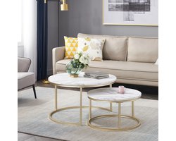 Eleganza Maison® - Luxueuze Set van 2 Ronde Salontafels met Marmeren Textuur en Gouden Frame - 2-in-1 Combinatie Meubels voor Woonkamer - Koffietafel - Thee tafel - Wit - 80 en 60 cm