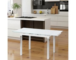 Eleganza Uitschuifbare Eettafel – Transparant Glas & Wit Stalen Frame – Moderne Rechthoekige Tafel voor 4 Personen – Verstelbare Lengte 96-142 cm Ganeey