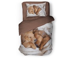 Eleganzzz Kinder Dekbedovertrek Puppy Parade - Taupe - 140x200/220cm - Dekbedovertrek Kinderen - Micropercal - Eenpersoons
