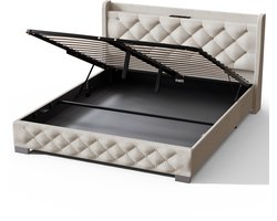 Elekiatech Boxspring 140x200cm - Bed met 680L opbergruimte - Gestoffeerd hoofdbord in fluweel - RGB LED-verlichting met 64 kleuren - Meerdere oplaadpoorten - Grijs/Beige
