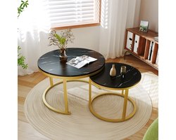 Elekiatech Salontafel - Salontafel Rond - Salon Tafel Set van 2 - Ø70 & Ø50 cm - Marmerlook Tafelblad - Metalen Frame - Voor Woonkamer of Slaapkamer - Zwart